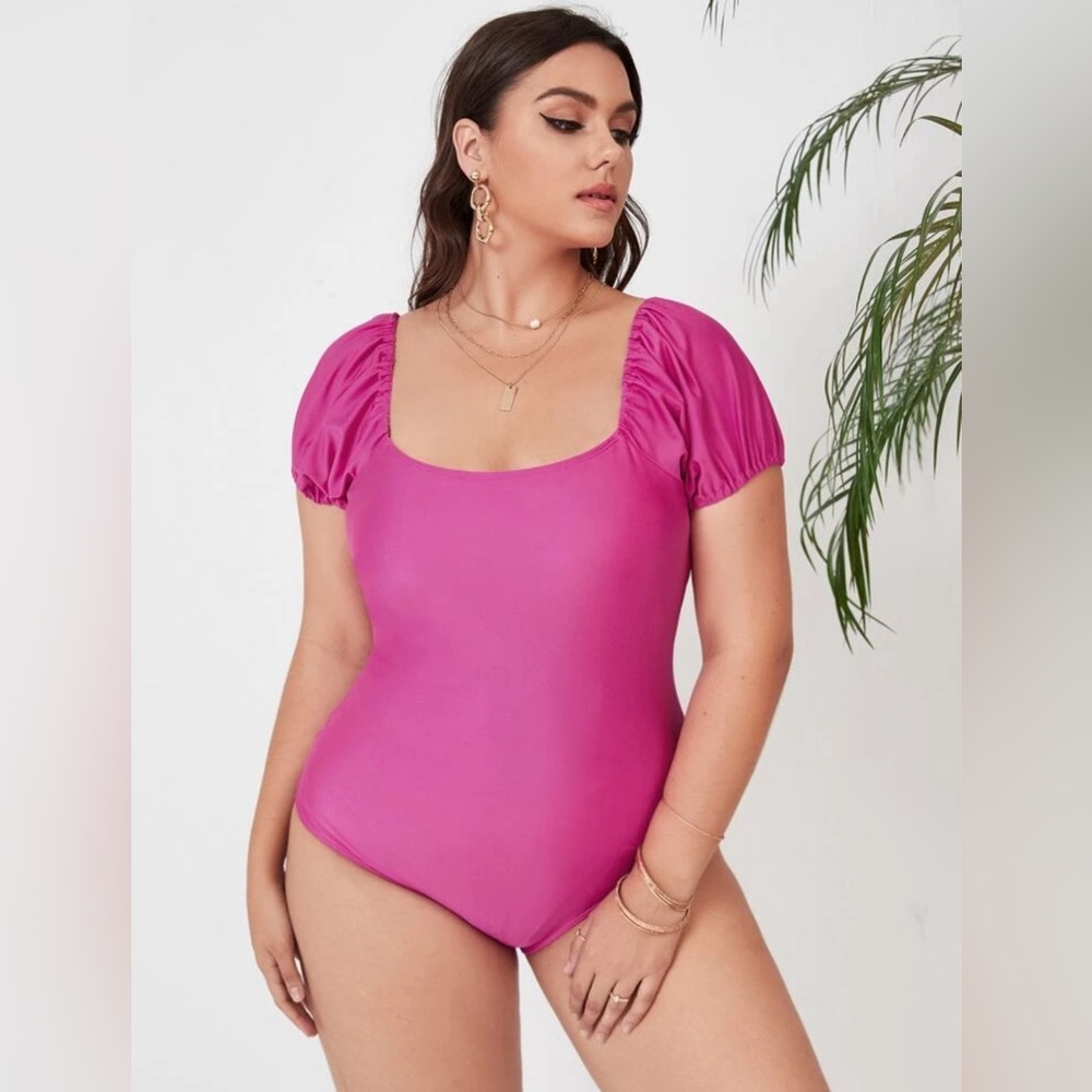SHEIN Hot Pink Plus Solid Square Neck One Piece Swimsuit